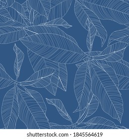 Foliage seamless pattern, palm, ficus elastica tree branch leaves line art ink drawing in blue and white.