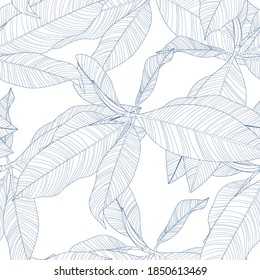 Foliage seamless pattern, palm, ficus elastica tree branch leaves line art ink drawing in blue and white.