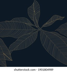 Foliage seamless pattern, palm, ficus elastica tree branch leaves, golden line art ink drawing on black background.