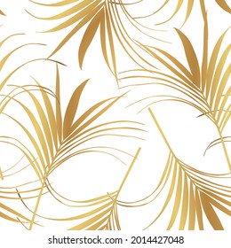 Foliage seamless pattern, palm leaves, golden line art ink drawing on white background.