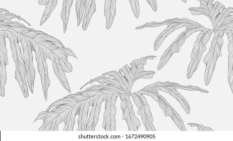 Foliage seamless pattern, Philodendron bipinnatifidum leaves line art ink drawing in dark grey on bright grey