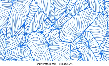 Foliage seamless pattern, Philodendron gloriosum leaves line art ink drawing in blue and white