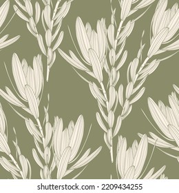 Blattnahtloses Muster, Pflanze, Leucadendron Zweig Blätter Linie Kunstfarbe Zeichnung grün.