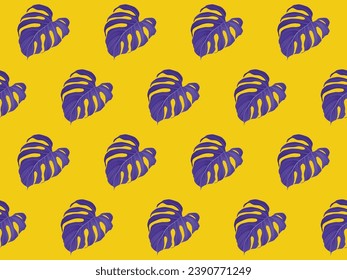 Foliage seamless pattern, purple Monstera Deliciosa on yellow