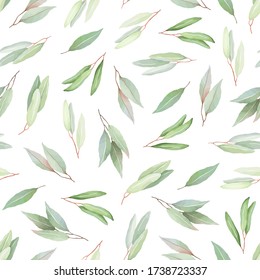 Foliage seamless pattern with scattered abstract green leaves. Vector floral illustration in vintage watercolor style on white background.