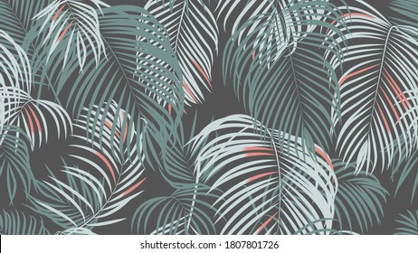 Foliage seamless pattern, simple palm leaves on dark grey