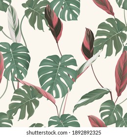 Foliage seamless pattern, Split-leaf Philodendron and heliconia Ctenanthe oppenheimiana plant on bright brown