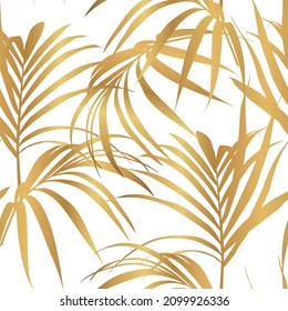 Foliage seamless pattern, tropical palm leaves, golden art ink drawing on white background.