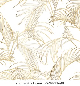 Foliage seamless pattern, tropical palm leaves, golden art ink drawing on white background.