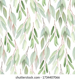 Foliage seamless pattern, various branches with greenery leaves on white background. Vector nature illustration in vintage watercolor style.