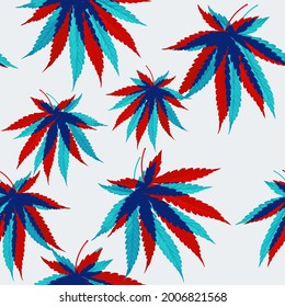 Foliage seamless pattern, various color of cannabis leaves on grey