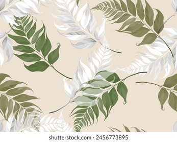 Foliage seamless pattern, various color of fern leaves on light orange