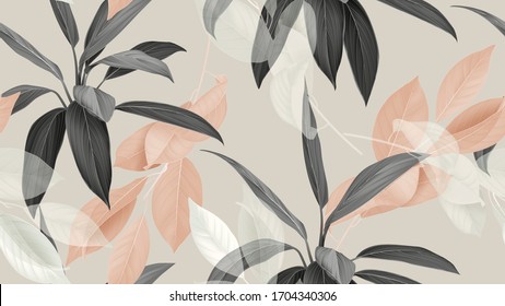 Foliage seamless pattern, various leaves in brown, black and white on bright brown