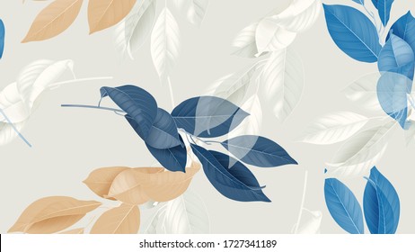 Foliage seamless pattern, various leaves in blue, brown and white on bright grey