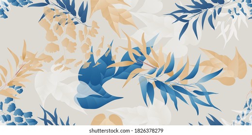 Foliage seamless pattern, various leaves in blue, brown and white on bright grey