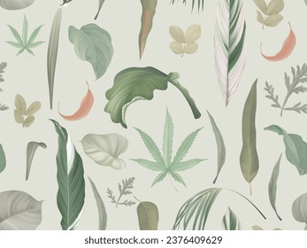 Foliage seamless pattern, various leaves on light green