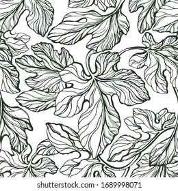 Foliage seamless pattern. Vector texture leaf. Botanical art hand drawn vintage illustration. Graphic simple camouflage. Abstract monochrome print. Figs tree
