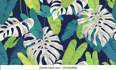 Foliage seamless pattern, white and green split-leaf Philodendron and Philodendron burle marx plant on dark blue