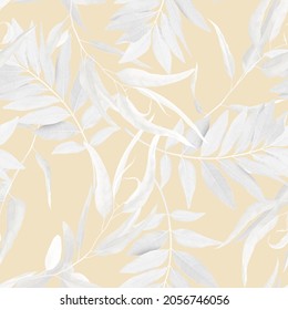 Foliage Seamless Pattern, White Leaves On Bright Yellow