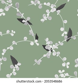 Foliage seamless pattern, white Siamese rough bush leaves and black leaves on green