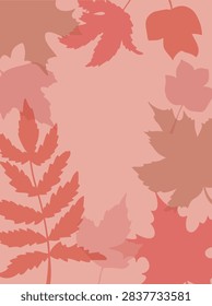 Foliage silhouettes form a border frame with layered maple and fern shapes, leaving center copy space. Symbolizes season change, coziness, and harvest mood for greeting. Cartoon vector illustration.