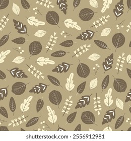 Foliage surface pattern design featuring monochromatic colored leaves and berries. Allover print floral texture on sand beige background. 