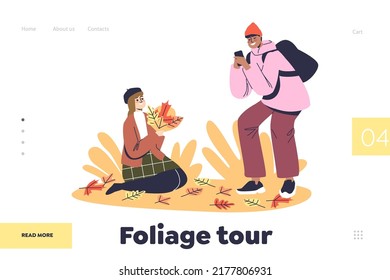 Foliage tour concept of landing page with young couple enjoy taking photos in autumn leaves in park or forest. Teen girl and boy spend time outdoors in fall woods. Cartoon flat vector illustration