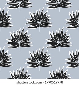 Foliage tropical leaves seamless pattern with gray background. Black floral ornament with white contour. Great for wrapping paper, textile, fabric print and wallpaper. Vector illustration.