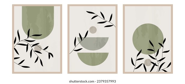 Juego de arte vectorial de follaje. Hojas, formas orgánicas, piedras, tono verde, rama de hojas en estilo de arte lineal. Decoración acuática de diseño para interiores, afiche, cubierta, pancarta.	