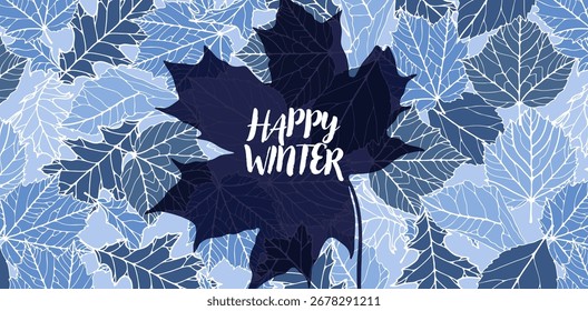Foliage vector botanical winter cold background. Horizontal card or poster with leaves in blue winter tones