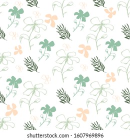 Foliage vector pattern in the light colors with silhouette flowers and leaves. Pistachio, green colors. white background. Neutral pattern. Hand drawing oiutline flowers, trendy shapes of herbs.Textile