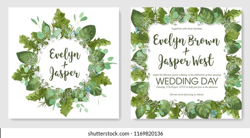 foliage vector watercolor set. Template of wedding invitation, greeting card, labels. Leaves of gerbera, roses and eucalyptus branches, wax flowers with frames with curls
