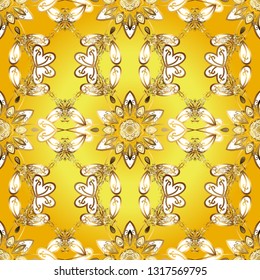 Foliage vintage cute seamless pattern. In vintage style. Vector illustration. Vector white and yellow leafy background with hand drawn cute leaves, flowers, swirls, intricate beautiful ornaments.