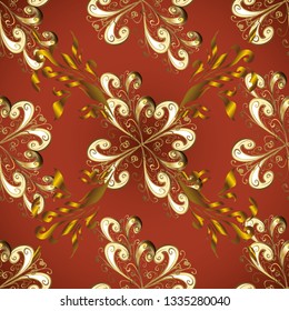 Foliage vintage nice seamless pattern. Vector brown and red leafy background with hand drawn leaves, flowers, swirls, intricate beautiful ornaments. Retro rich design for wallpapers, fabric, textile.