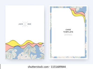Foliage wedding invitation card template design, paper cut waves and tropical plants pattern on blue, pastel vintage theme