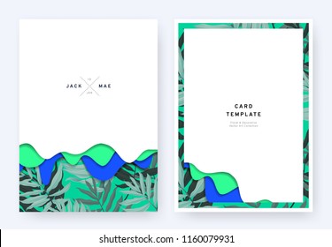 Foliage wedding invitation card template design, paper cut waves and tropical plants pattern on green, pastel vintage theme