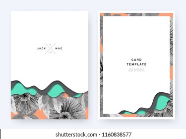 Foliage wedding invitation card template design, paper cut waves and black and white flowers with leaves pattern on orange, pastel vintage theme Foliage wedding invitation card template design, paper cut waves and black and white flowers with leaves pattern on orange, pastel vintage theme