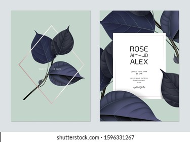 Foliage wedding invitation card template design, dark blue leaves on light green