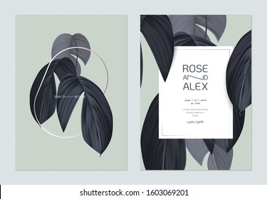 Foliage wedding invitation card template design, dark blue leaves on light green