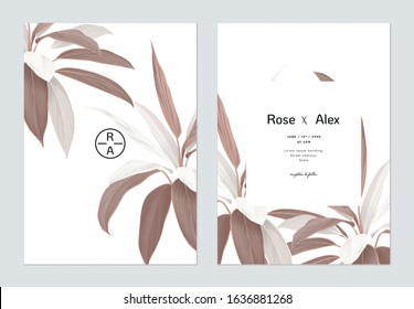 Foliage Wedding Invitation Card Template Design, Brown Cordyline Fruticosa Firebrand Plant On White