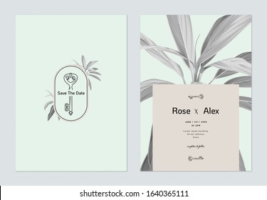 Foliage wedding invitation card template design, black and white Cordyline fruticosa Firebrand plant on bright blue