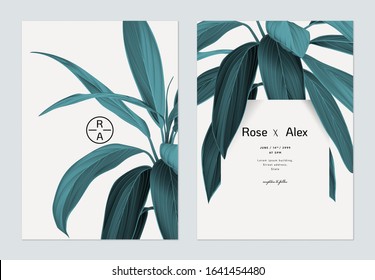 Foliage wedding invitation card template design, blue Cordyline fruticosa Firebrand plant on bright grey