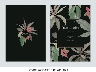 Foliage wedding invitation card template design, various plants on dark grey