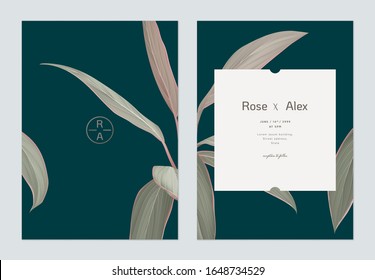 Foliage wedding invitation card template design, Cordyline fruticosa Firebrand plant on dark blue