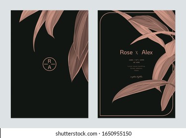 Foliage wedding invitation card template design, brown Cordyline fruticosa Firebrand plant on dark grey