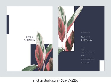 Foliage wedding invitation card template design, Ctenanthe oppenheimiana on white and dark blue