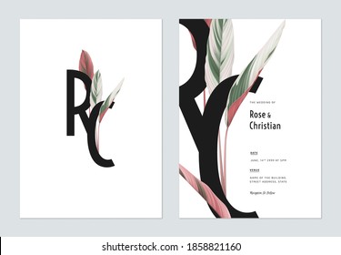 Foliage wedding invitation card template design, bride and groom names decorated with Ctenanthe oppenheimiana