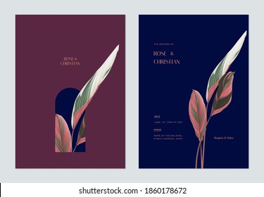 Foliage wedding invitation card template design, Ctenanthe oppenheimiana on dark pink and dark blue