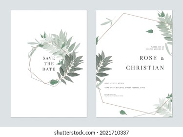 Foliage wedding invitation card template design, green leaves on white