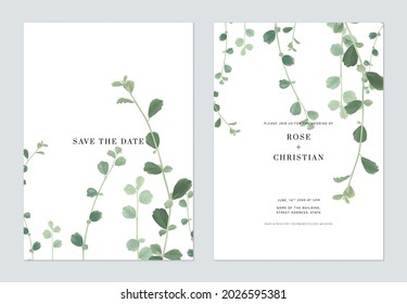 Foliage wedding invitation card template design, green Siamese rough bush leaves on white